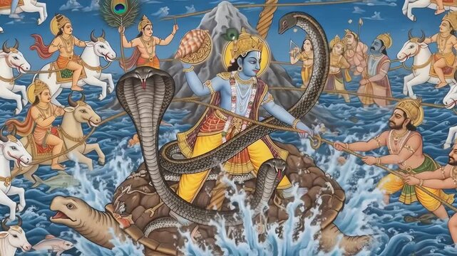 A vibrant depiction of the Samudra manthan, the churning of the cosmic ocean by gods and demons with Vishnu as Kurma, from Hindu mythology.