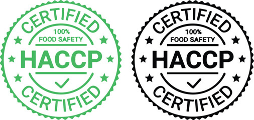 Obraz premium HACCP certified food safety seals green and black vector icons for quality assurance and compliance isolated on white background