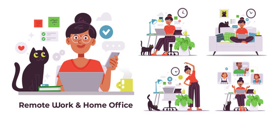 Fototapeta premium Remote work and home office set. Businesswoman working from home, freelancer lifestyle, flat vector illustration