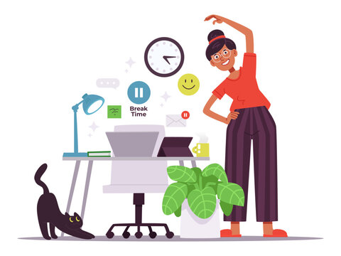 Warm-up and active breaks, home office and remote work. A freelancer exercises with pet. Vector illustration