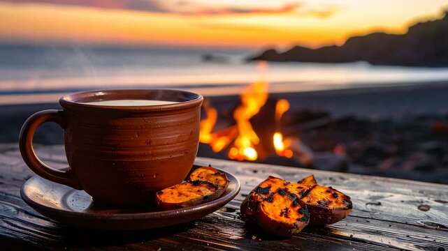 Steaming beverage with grilled sweet potato on a beach at sunset with campfire
