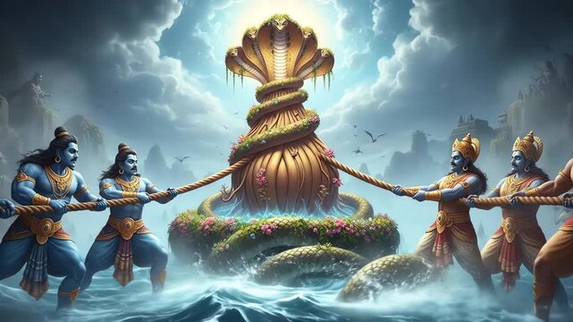 Hindu deities and demons churning the cosmic ocean with a serpent and mountain, a scene from Samudra manthan mythology.