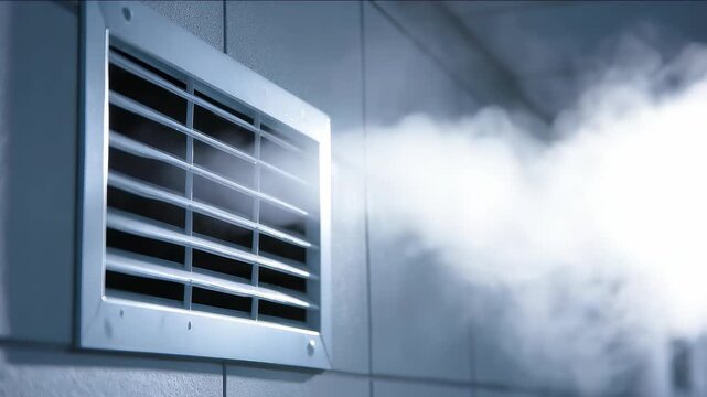 Modern air ventilation system releasing fresh air into a tiled interior space, highlighting clean airflow and advanced climate control. Essential for healthy indoor environments and energy efficiency
