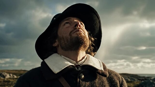 Man in old fashioned pilgrim clothing.