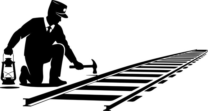 Vintage railway worker silhouette with lantern and hammer, railroad track maintenance technician, industrial train track repair vector illustration