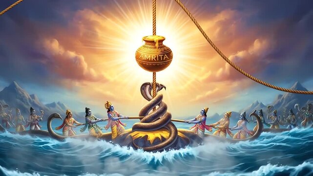 The Samudra Manthan: Gods and Demons Churning the Cosmic Ocean for the Elixir of Immortality.