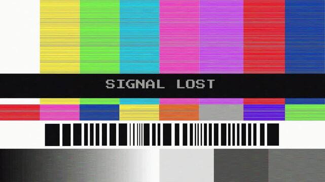 Vivid color bars and grayscale patterns on a television screen signifying a lost broadcast signal and technical difficulties