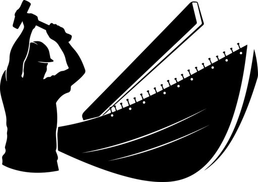 Shipbuilder silhouette vector illustration, carpenter building wooden boat with hammer, traditional maritime construction and boatyard craft