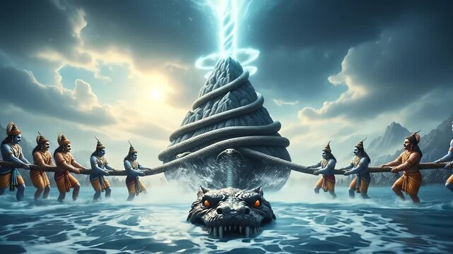 Mythological depiction of the Samudra manthan, where gods and demons churn the cosmic ocean using Mount Mandara and the serpent Vasuki, with a divine light.