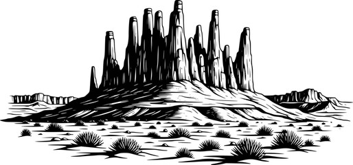 Dramatic black and white of towering mesa rock formations in a desert landscape with sparse vegetation © Mushfiqur