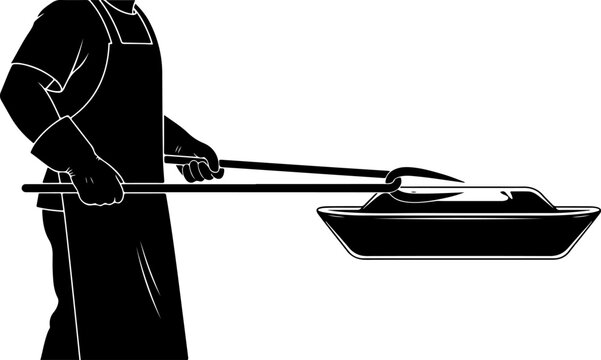 Blacksmith silhouette working with hot metal, industrial foundry worker using tongs and forge, metalworker in protective apron and gloves vector