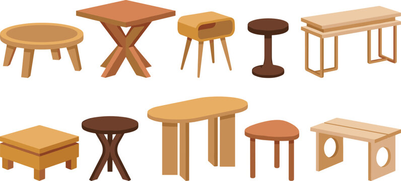 Stylized wooden table collection with unique modern and rustic designs, flat vector furniture set including round, square and creative table shapes