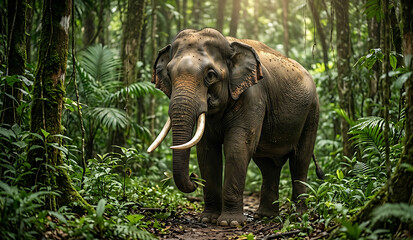 Naklejka premium Sumatran elephant with tusks standing in a lush tropical rainforest.