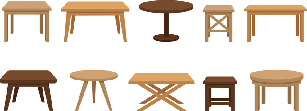 Minimal wooden table collection in flat style with round, square and folding designs, modern furniture vector set for interior and home decor illustration