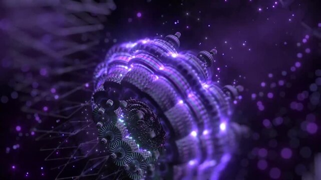 Purple fractal mandelbulb geometric tunnel rotating with glowing particles and intricate 3d structure