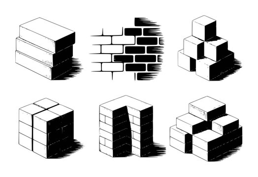 Collection of isometric brick and block white background, construction building stack