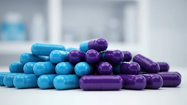 A close-up shot of a pile of blue and purple capsules on a white surface in a laboratory setting.