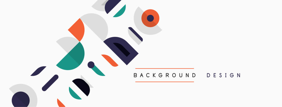 Abstract geometric shapes overlap, creating modern background design. Colors include muted blues, greens, oranges, grays. Minimalist aesthetic.