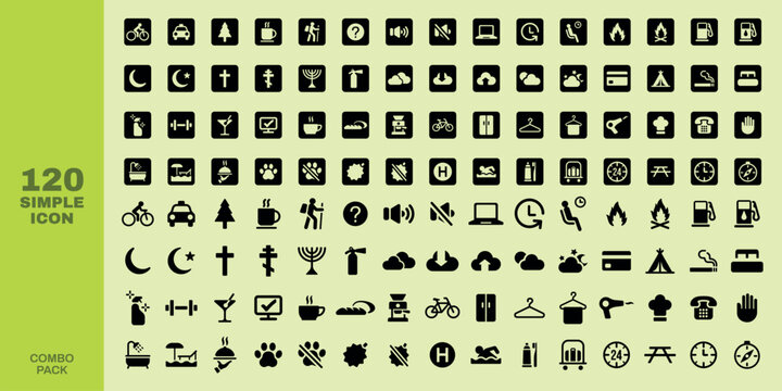 Collection of 120 simple icons. Icons include transportation, technology, nature, and symbols. Simple design, versatile icons, perfect for various uses. User interface icon vector set.