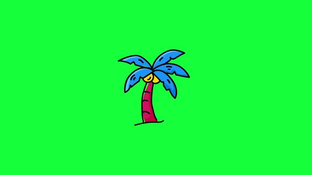 doodle animated cartoon coconut palm tree swaying on green screen and white background. Tropical island tree loop animation, 4K, chroma key ready.