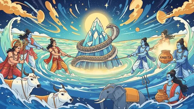 Vibrant illustration of Samudra manthan, the cosmic churning of the ocean by gods and demons for the nectar of immortality, featuring Mount Mandara and Vasuki.