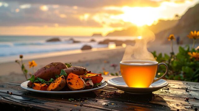 A sunset beach scene with food and tea on a wooden table