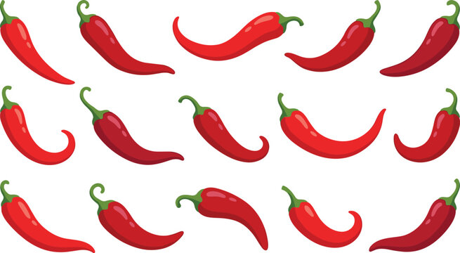 Hand drawn red chili pepper seamless pattern vector illustration spicy vegetable food background with glossy curved peppers design