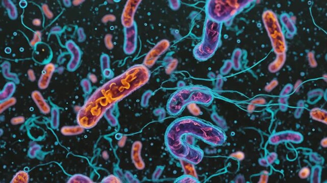 Microscopic view of vibrant pink and orange rod-shaped bacteria with teal flagella on a black background, science and biology concept