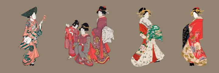 Crédence de cuisine  Illustration of traditional Japanese women in kimonos. The women wear ornate kimonos, showcasing Japanese culture and traditional attire. Elegant kimono designs. Asian illustrations, element set.  © Rawpixel.com