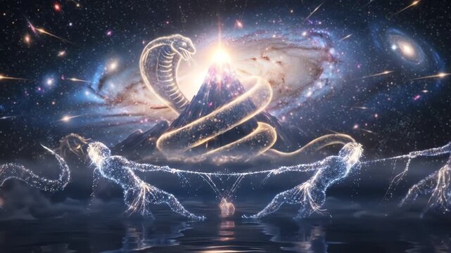 A vibrant cosmic scene depicting a glowing serpent wrapped around a celestial mountain, with ethereal figures in a starry galaxy.