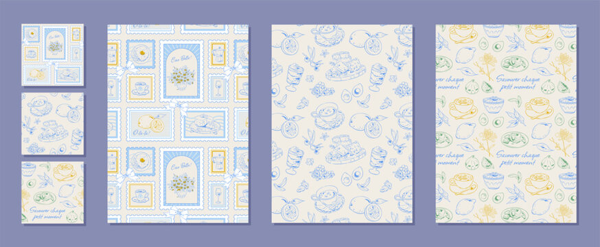 Coquette french breakfast pattern set with blue and yellow sketch morning food seamless. Seamless croissant and coffee collection as cute brunch cup cheese background. Whimsical lemon cafe doodle