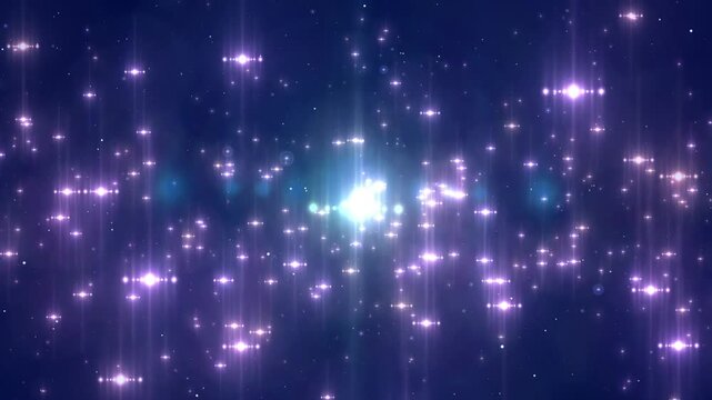 Sparkling violet stars and teal light flares drifting through a deep blue abstract cosmic night sky