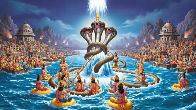 A vibrant depiction of the Samudra Manthan, the cosmic churning of the ocean, with gods and demons collaborating to extract the nectar of immortality.
