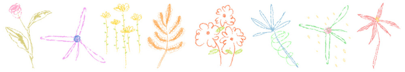 Fototapeta premium Colorful crayon flowers drawn in a playful style. Crayon flowers bring a whimsical touch. Crayon flowers in vibrant hues create a joyful scene. Doodle illustrations, vector set.