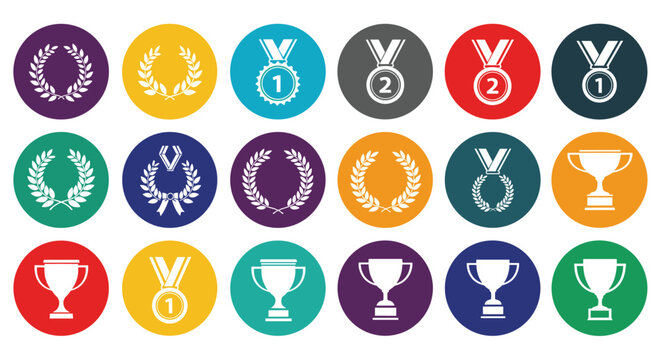 Collection of various award icons including trophies, medals, and laurel wreaths set within colorful circles for sporting achievements.