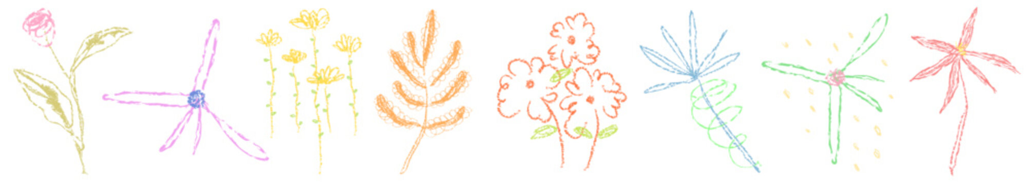 Colorful crayon flowers drawn in a playful style. Crayon flowers bring a whimsical touch. Crayon flowers in vibrant hues create a joyful scene. Doodle illustrations, vector set.