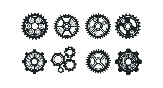 Collection of various mechanical gear and cogwheels in solid black is shown for industrial, technical, and engineering themed designs.