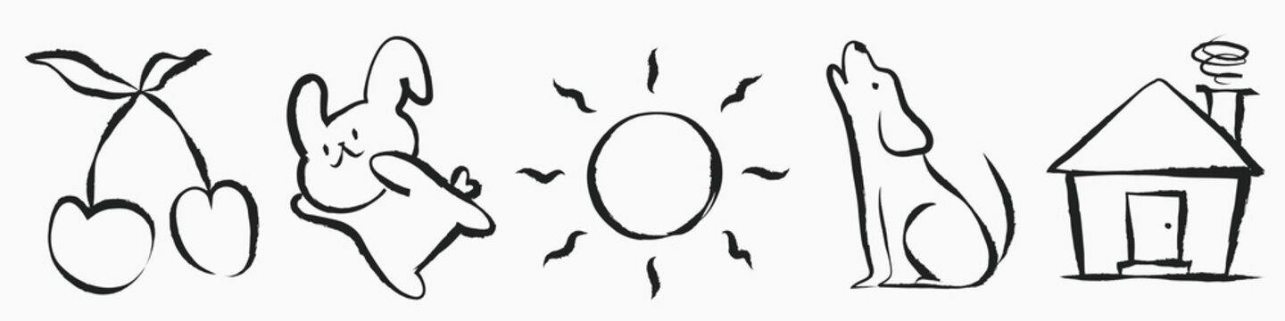 Simple black line drawings: cherries, playful bunny, sun, howling dog, and house. Minimalist style with cherries, bunny, and sun in focus. Cute illustrations, isolated vector set.