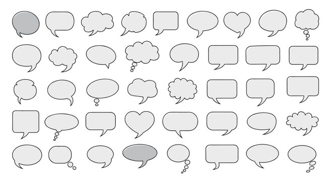 Big collection of various gray speech and thought bubbles in different shapes and styles for comic and dialogue design elements.