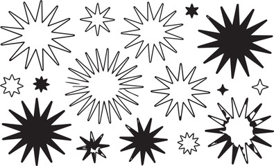 Obraz premium Starburst and star shapes abstract outlines and solid black filled illustrations icons.