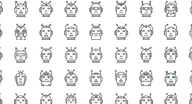 Large collection of simple line art robot head icons featuring diverse facial features antennas and unique technological accessories.