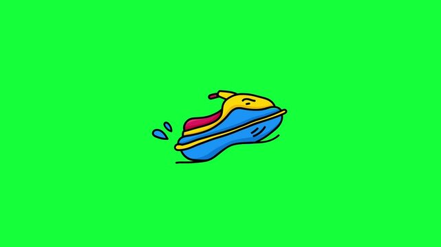 doodle animated cartoon jet ski with water splashes on green screen and white background. Colorful watercraft loop animation, 4K, chroma key ready.