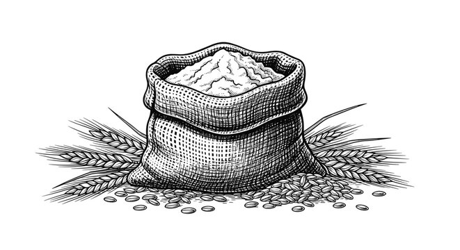 Detailed vintage engraving style illustration of a burlap sack overflowing with flour surrounded by wheat ears and scattered grains on white.