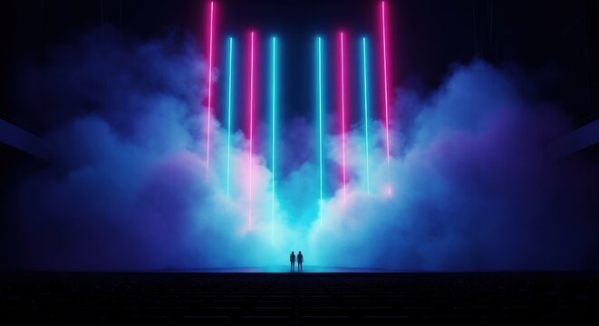 Two tiny figures standing beneath towering neon beams of pink and blue light in dense stage fog, creating a surreal futuristic concert atmosphere of awe and wonder

