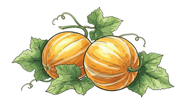 Realistic illustration of two ripe yellow melons with their large green leaves and curling vines for fresh farm produce and summer themes.