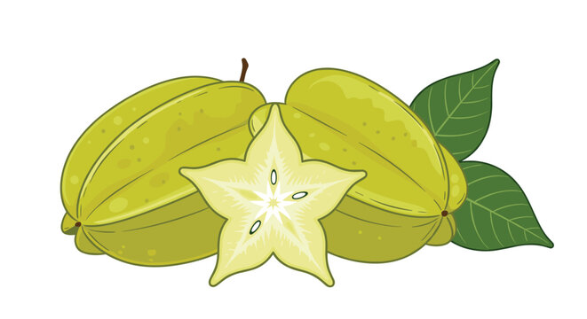 Fresh yellow carambola or star fruit shown with a cross section slice and green leaves against a clean white background.