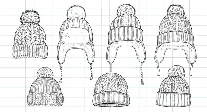 Group of hand drawn sketches featuring various winter hat styles with pom-poms and ear flaps for cold weather apparel design.