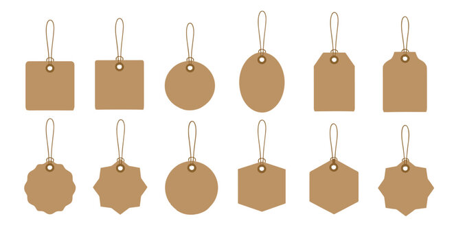 Group of blank cardboard price tags and gift labels in various shapes with strings attached for branding and commercial use.