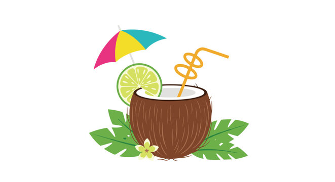 Tropical coconut drink with a straw, lime slice, colorful umbrella, and palm leaves for summer holiday and beach themes.