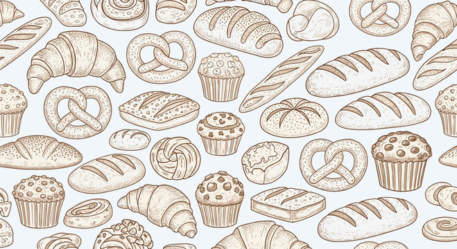 Seamless pattern with hand drawn sketches of various bread rolls, pretzels, muffins, and croissants on light colored background.